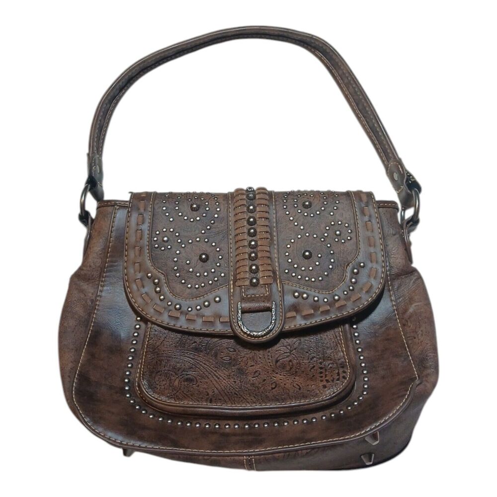 Montana West Brown Leather Concealed Carry Western Shoulder Bag Purse Studded